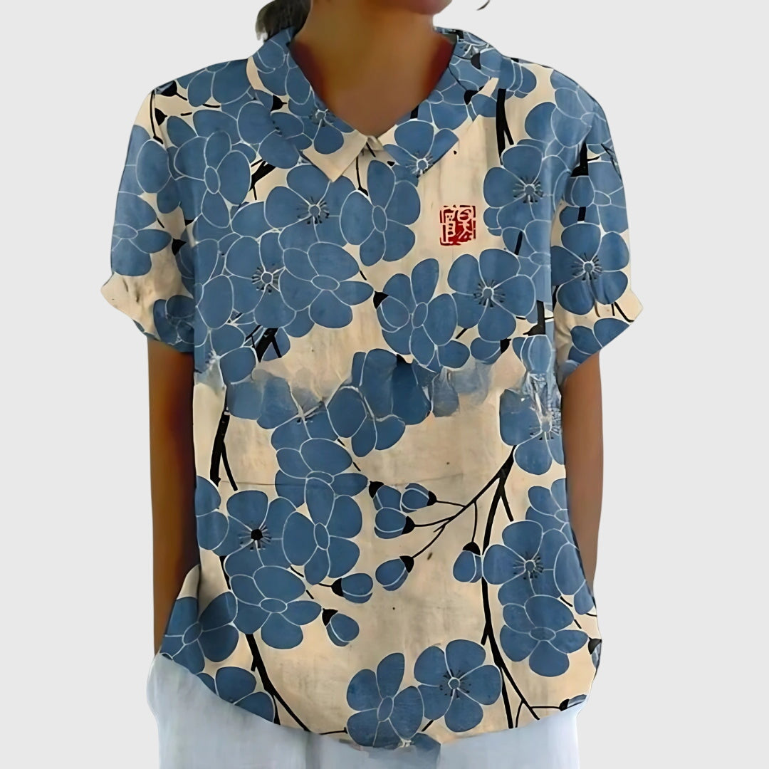 Éloise Fairverne | Green Floral Print Short Sleeve Blouse