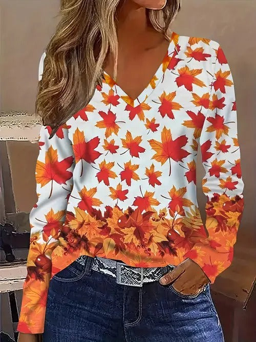 Celinda Waverly | Autumn Maple Leaf Print Long-Sleeve Top For Women