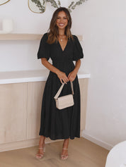 Antoinette Beauvray | Black V-Neck Puff Sleeve Midi Dress with Smocked Waist