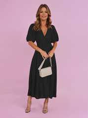 Antoinette Beauvray | Black V-Neck Puff Sleeve Midi Dress with Smocked Waist