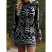 Seraphine Blackwood | Halloween Skeleton Print Long Sleeve Maxi Dress For Women
