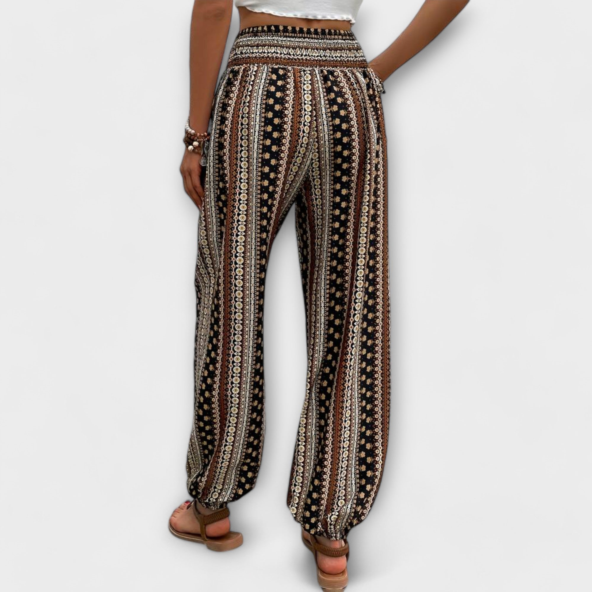 Giselle Tamberlaine | Boho Ethnic Print Smocked Waist Harem Pants