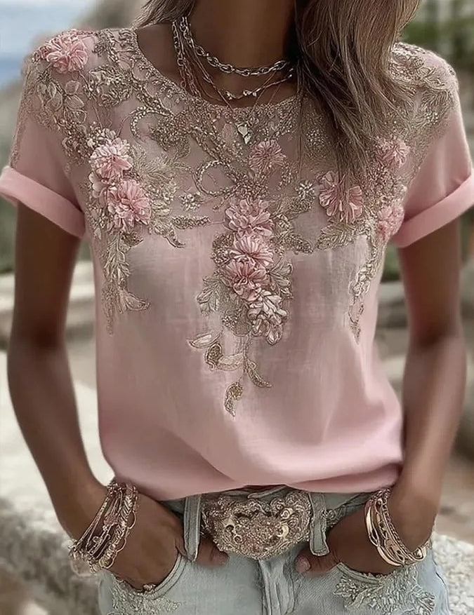 Adriana Castellano | Embroidered Floral Round Neck Top For Women