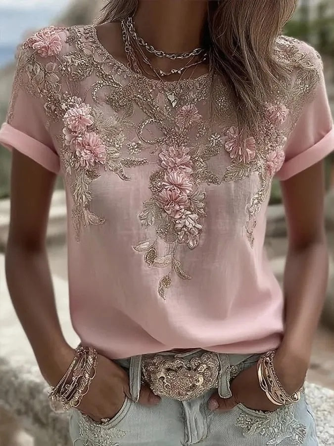 Adriana Castellano | Embroidered Floral Round Neck Top For Women