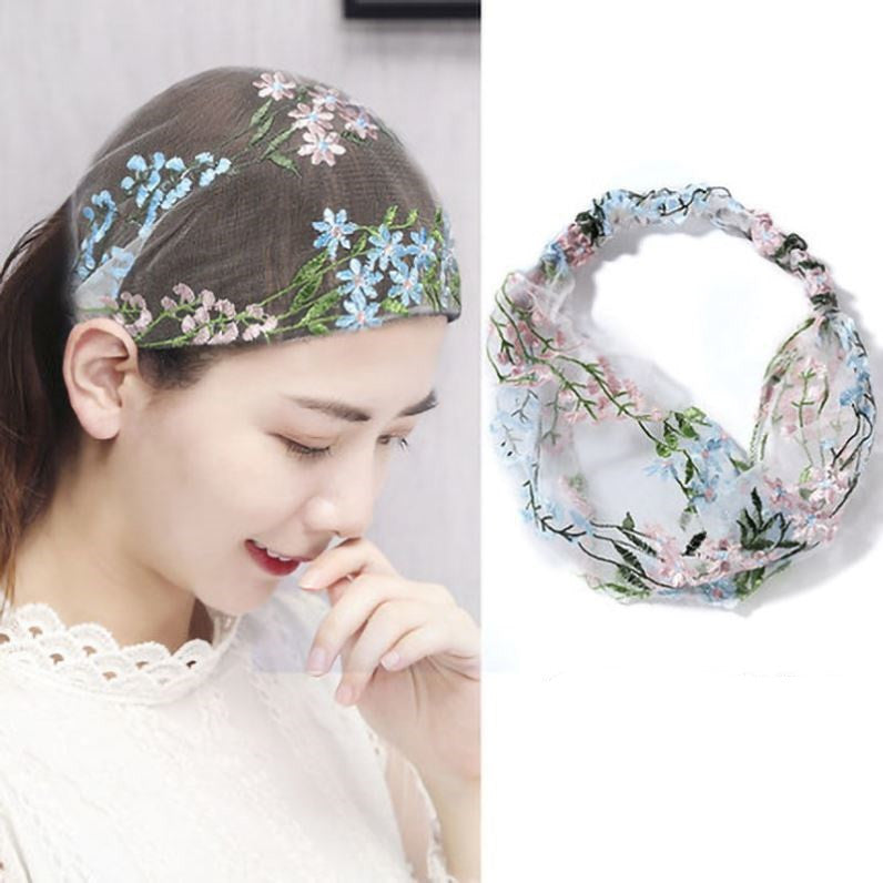 Floral Lace Headband Scarf - Light Blue