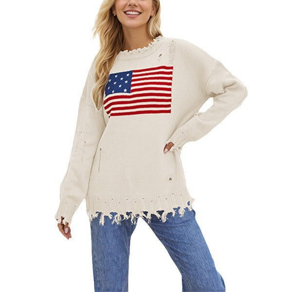 Renée Stafford | American Flag Distressed Knit Sweater For Women