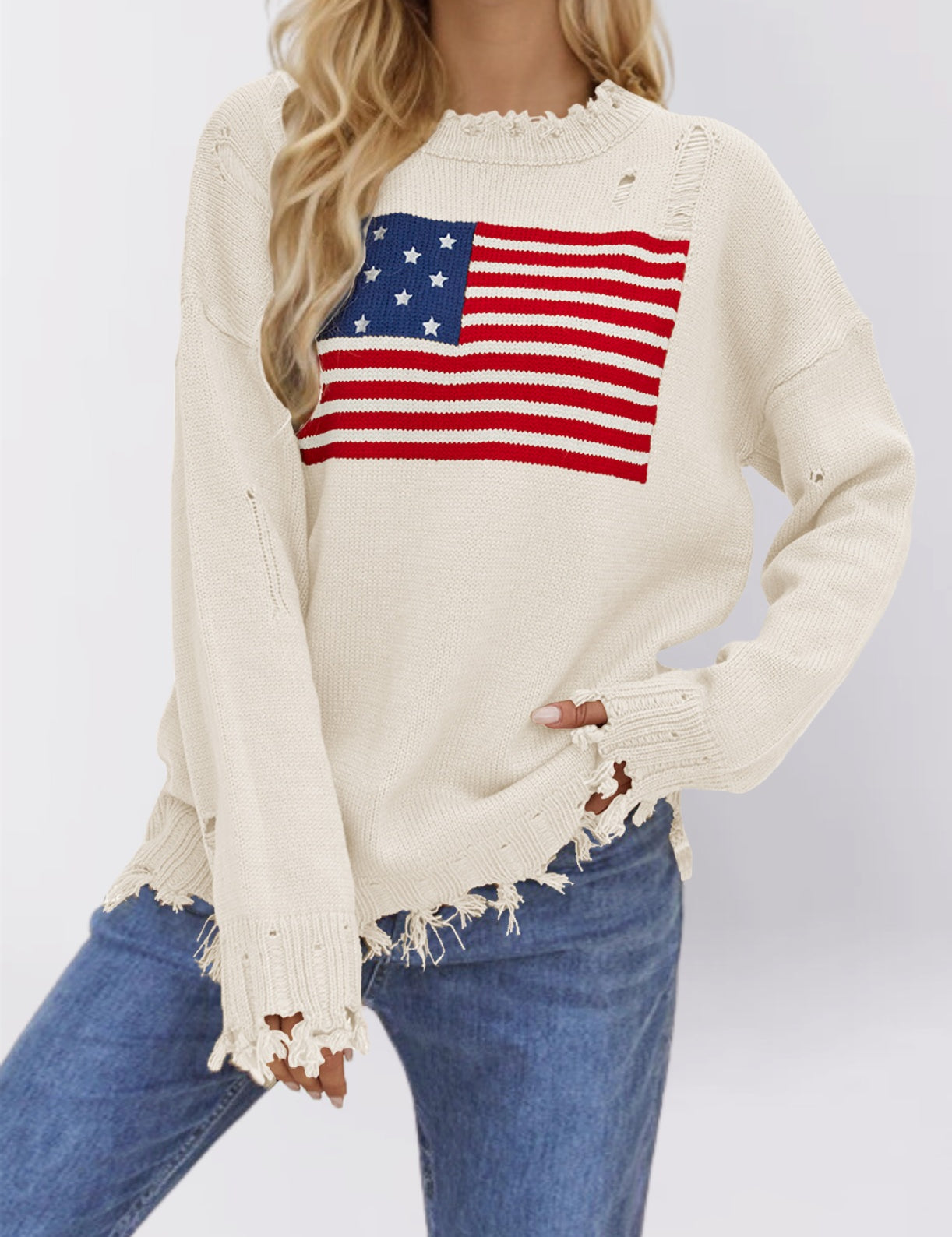 Renée Stafford | American Flag Distressed Knit Sweater For Women