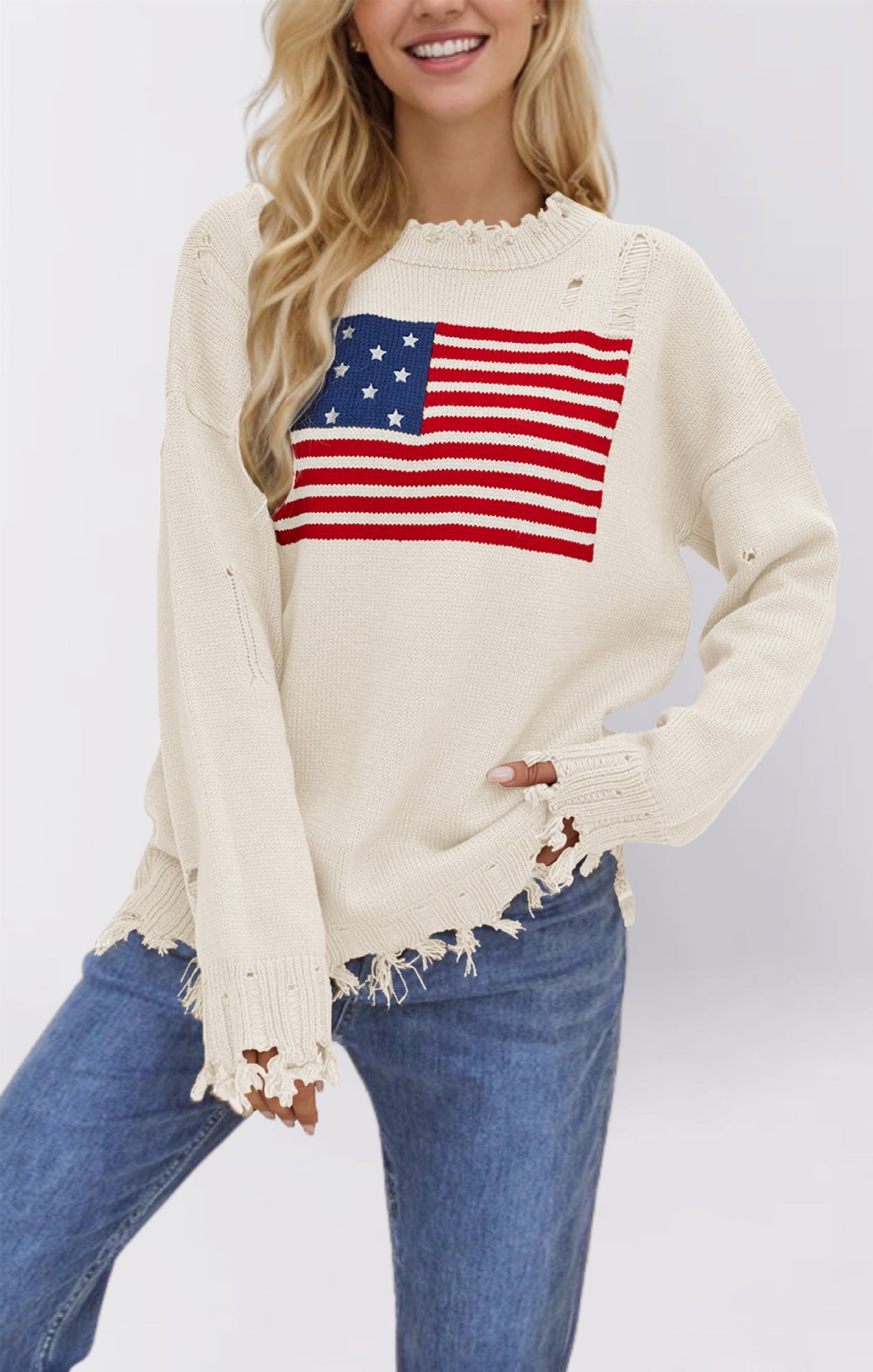 Renée Stafford | American Flag Distressed Knit Sweater For Women