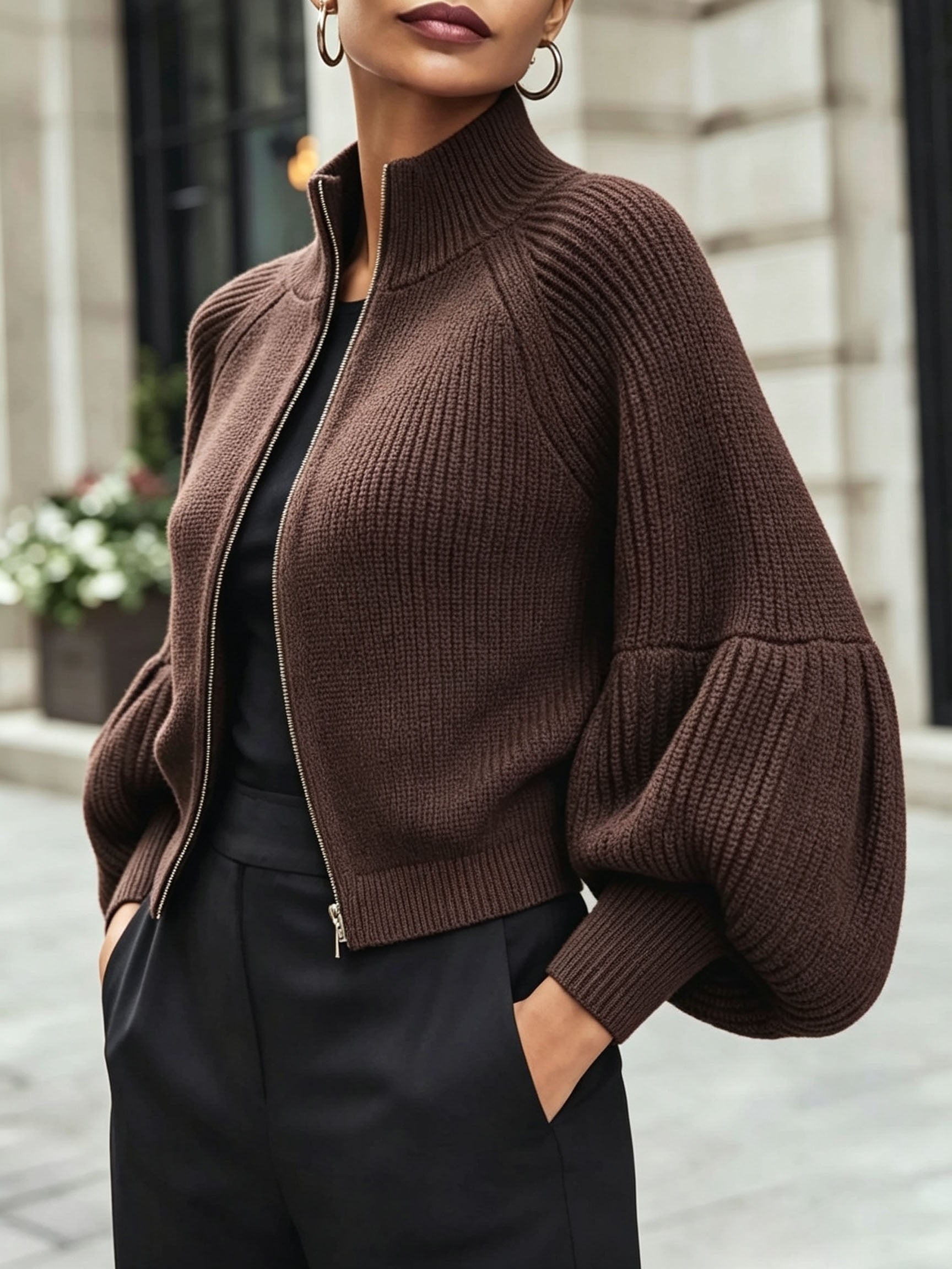 Isadora Pelletier | Puff-Sleeve Zip-Up Sweater For Women