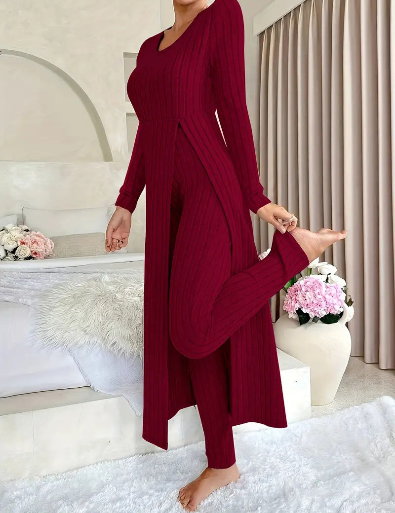 Danielle Castillon | Ribbed Knit Duster Cardigan & Pants Set For Women