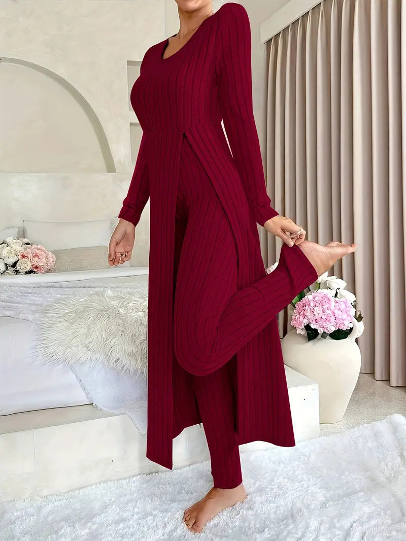 Danielle Castillon | Ribbed Knit Duster Cardigan & Pants Set For Women