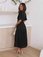 Antoinette Beauvray | Black V-Neck Puff Sleeve Midi Dress with Smocked Waist
