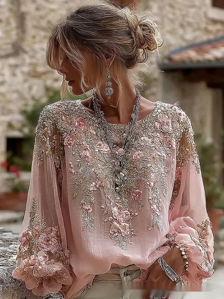 Aurora Delvigne | Rose-Embroidered Bohemian Blouse For Women