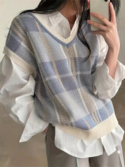 Margaux Delaroche | Vintage Plaid V-Neck Sweater For Women