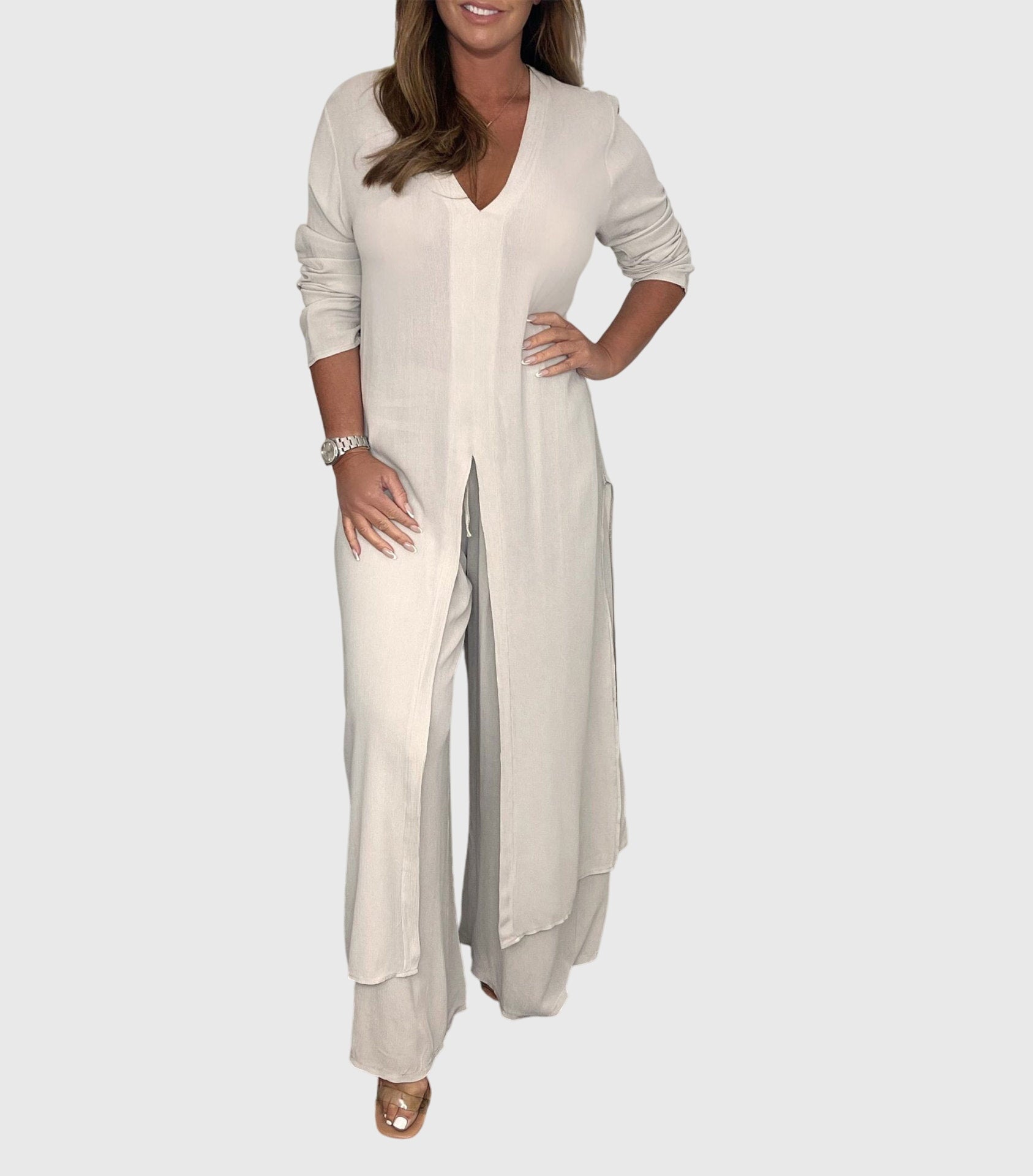 Aurienne Blackvale | Sage Green Long Blouse & Wide-Leg Pants Set