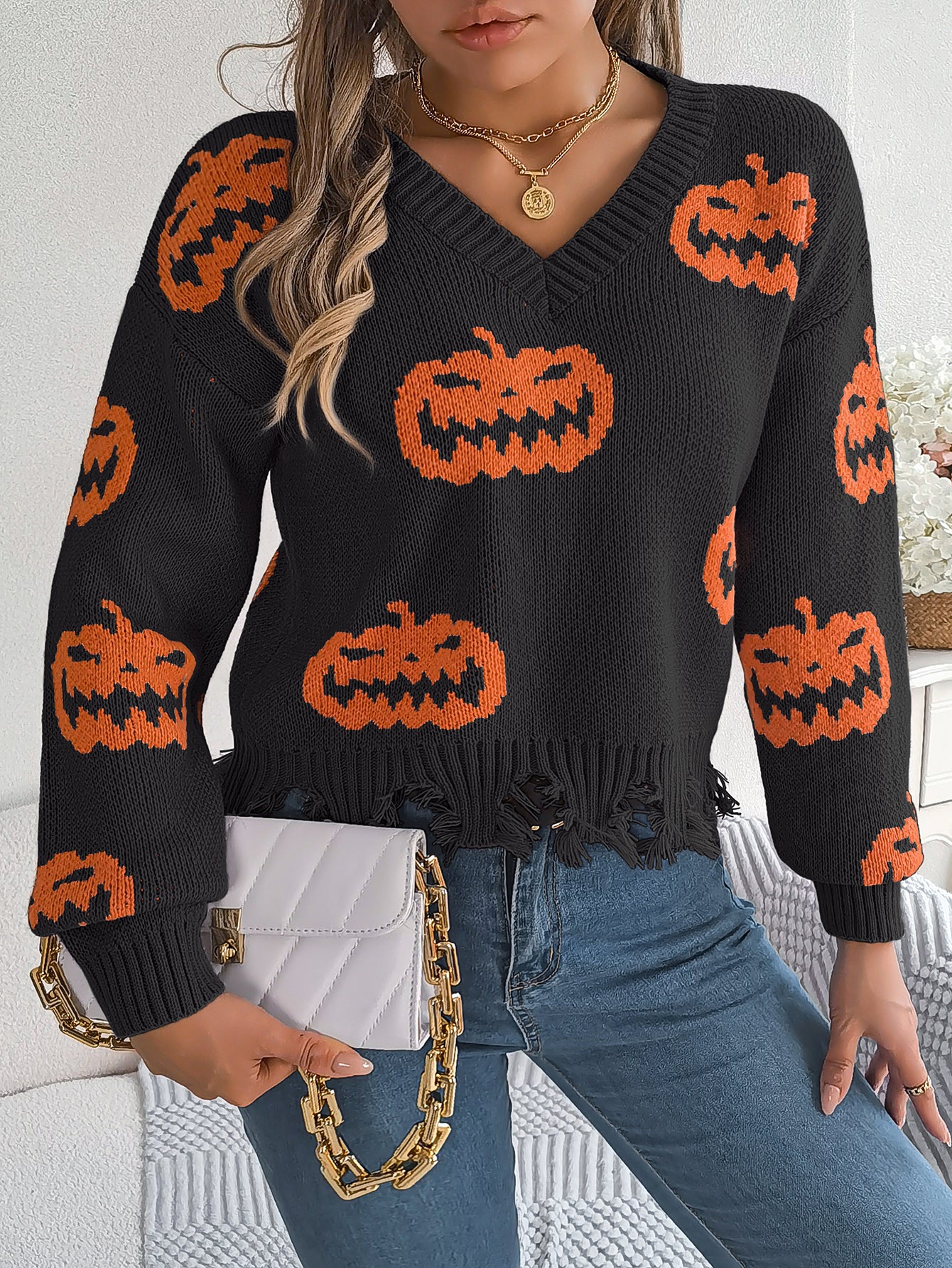 Marina Castellucci | Pumpkin Print Distressed Sweater For Women