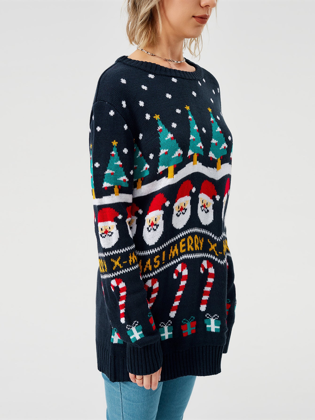 Snowy Cheer | Navy Santa Print Christmas Sweater For Women
