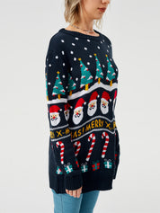 Snowy Cheer | Navy Santa Print Christmas Sweater For Women