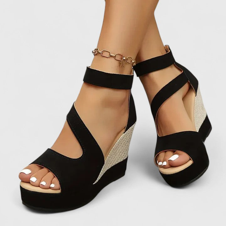 Clarisse Beauverne | Black Wedge Sandals with Elastic Straps