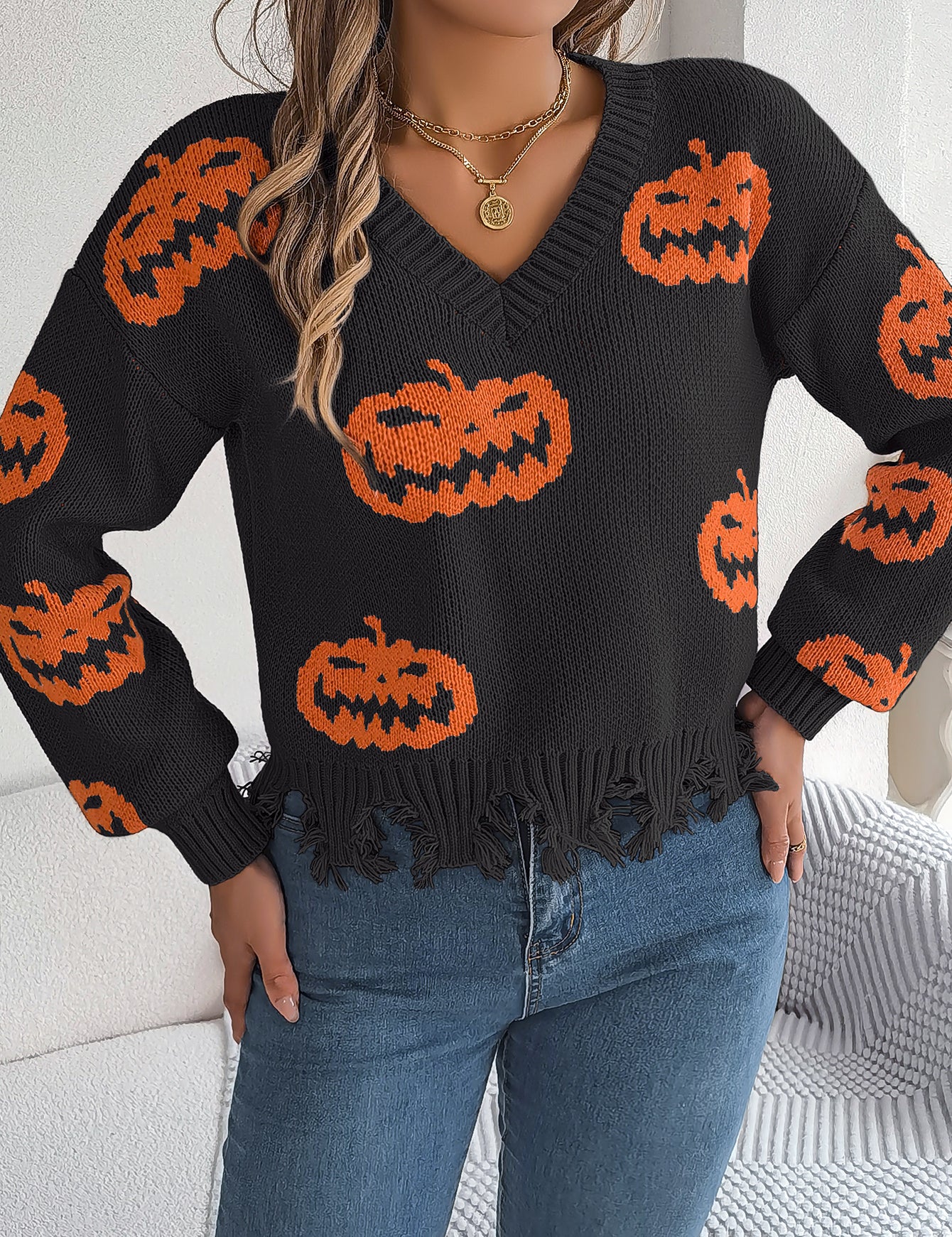 Marina Castellucci | Pumpkin Print Distressed Sweater For Women