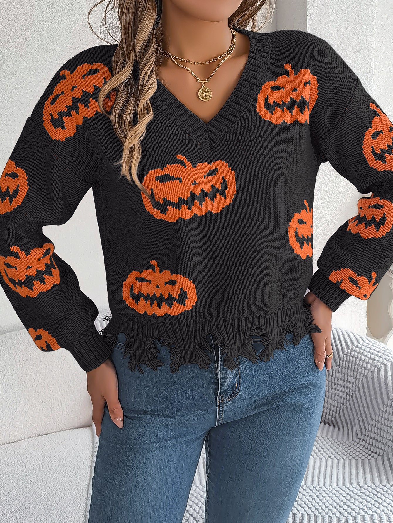 Marina Castellucci | Pumpkin Print Distressed Sweater For Women