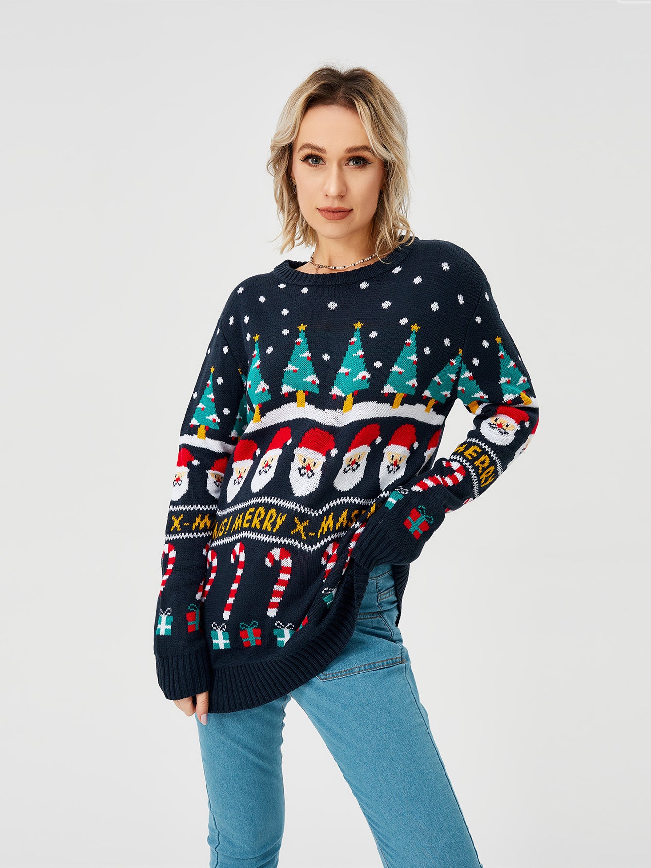 Snowy Cheer | Navy Santa Print Christmas Sweater For Women