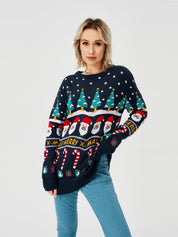 Snowy Cheer | Navy Santa Print Christmas Sweater For Women