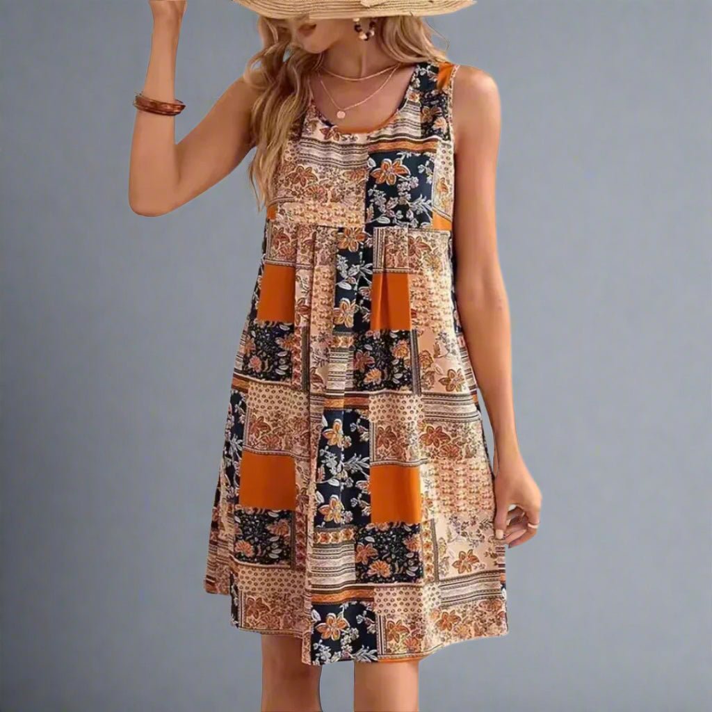 Delphine Ashcourt | Boho Patchwork Print Sleeveless Mini Dress