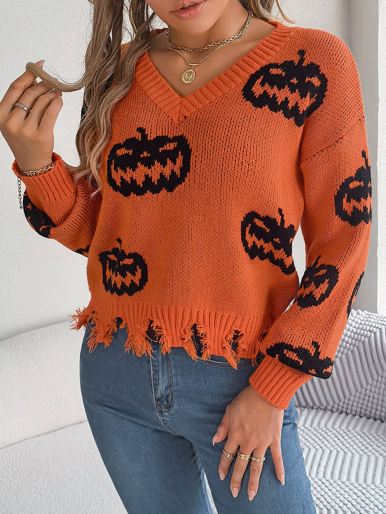 Marina Castellucci | Pumpkin Print Distressed Sweater For Women