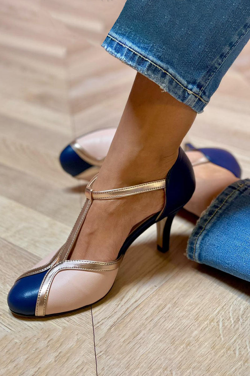 Vivienne Lacombe | Navy & Rose Gold T-Strap Heeled Pumps