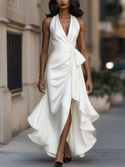 Caroline Penmore | Satin Halter Ruffle Maxi Dress For Women