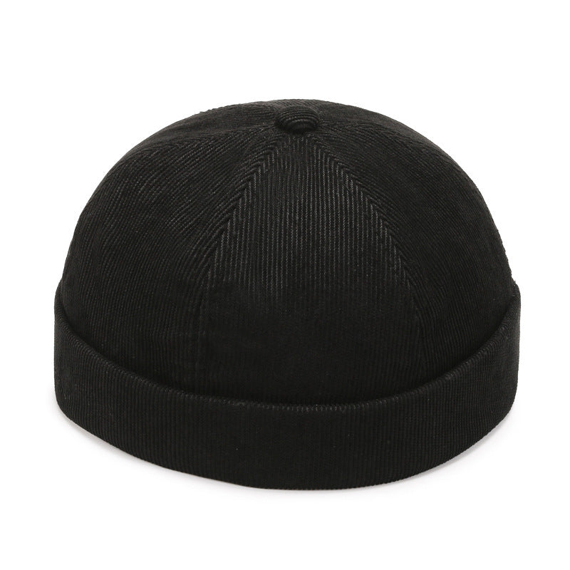 Corduroy Brimless Skull Cap Hat - Black