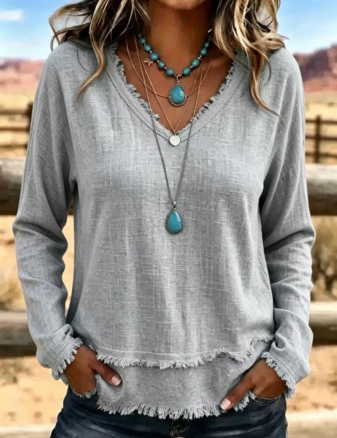Isabelle Rousseau | Frayed V-Neck Long Sleeve Top For Women
