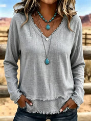 Isabelle Rousseau | Frayed V-Neck Long Sleeve Top For Women