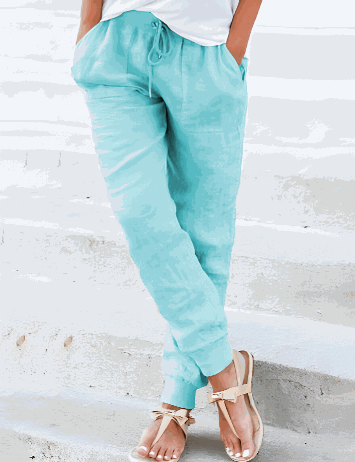 Seraphina Wentford | Beige Linen Drawstring Jogger Pants with Elastic Ankle Cuffs