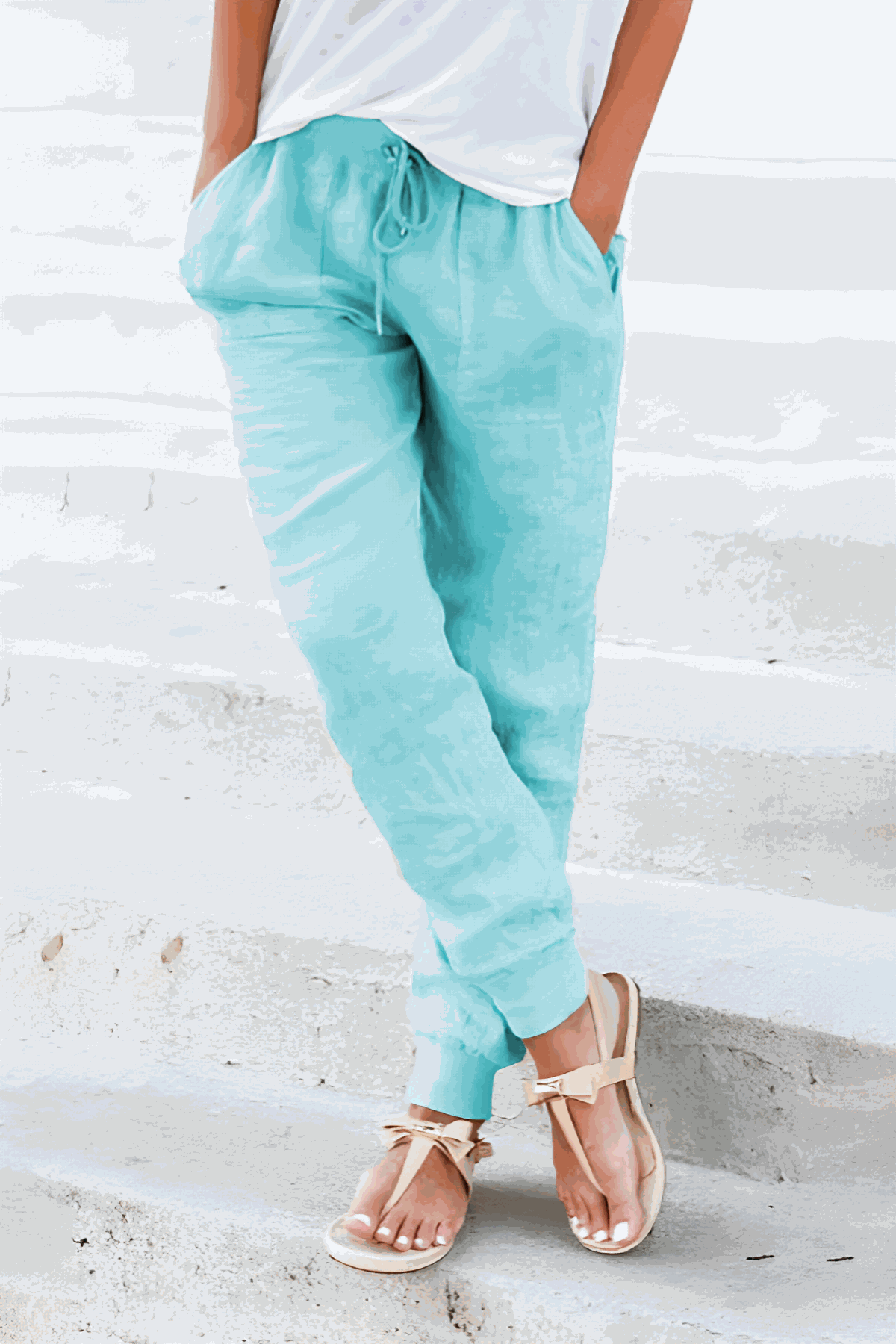 Seraphina Wentford | Beige Linen Drawstring Jogger Pants with Elastic Ankle Cuffs