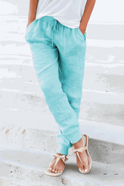 Seraphina Wentford | Beige Linen Drawstring Jogger Pants with Elastic Ankle Cuffs