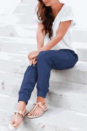Seraphina Wentford | Beige Linen Drawstring Jogger Pants with Elastic Ankle Cuffs