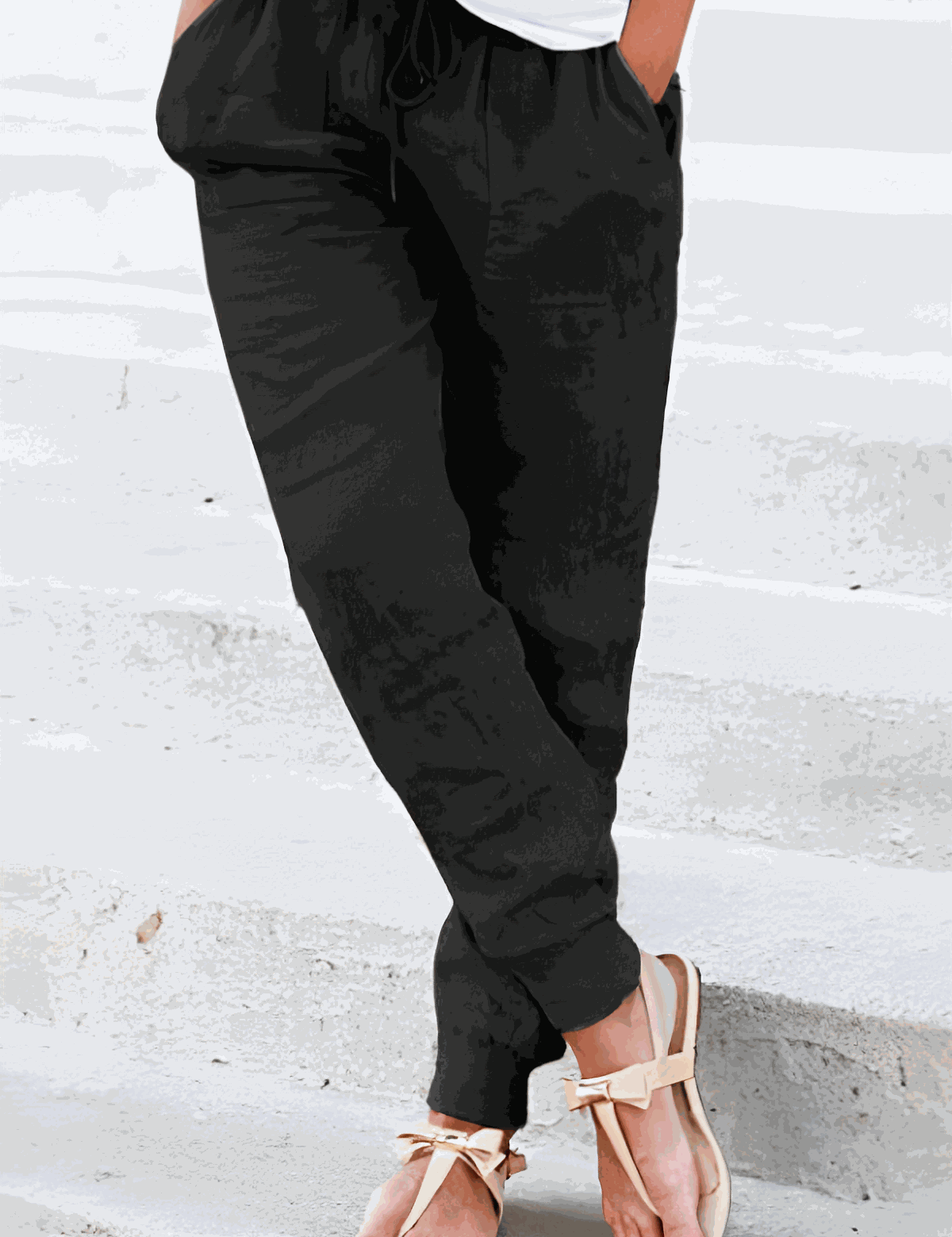 Seraphina Wentford | Beige Linen Drawstring Jogger Pants with Elastic Ankle Cuffs