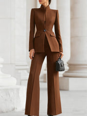 Eleanora Vantisse | Navy Blue Stand Collar Blazer & Wide Leg Pants Two-Piece Set