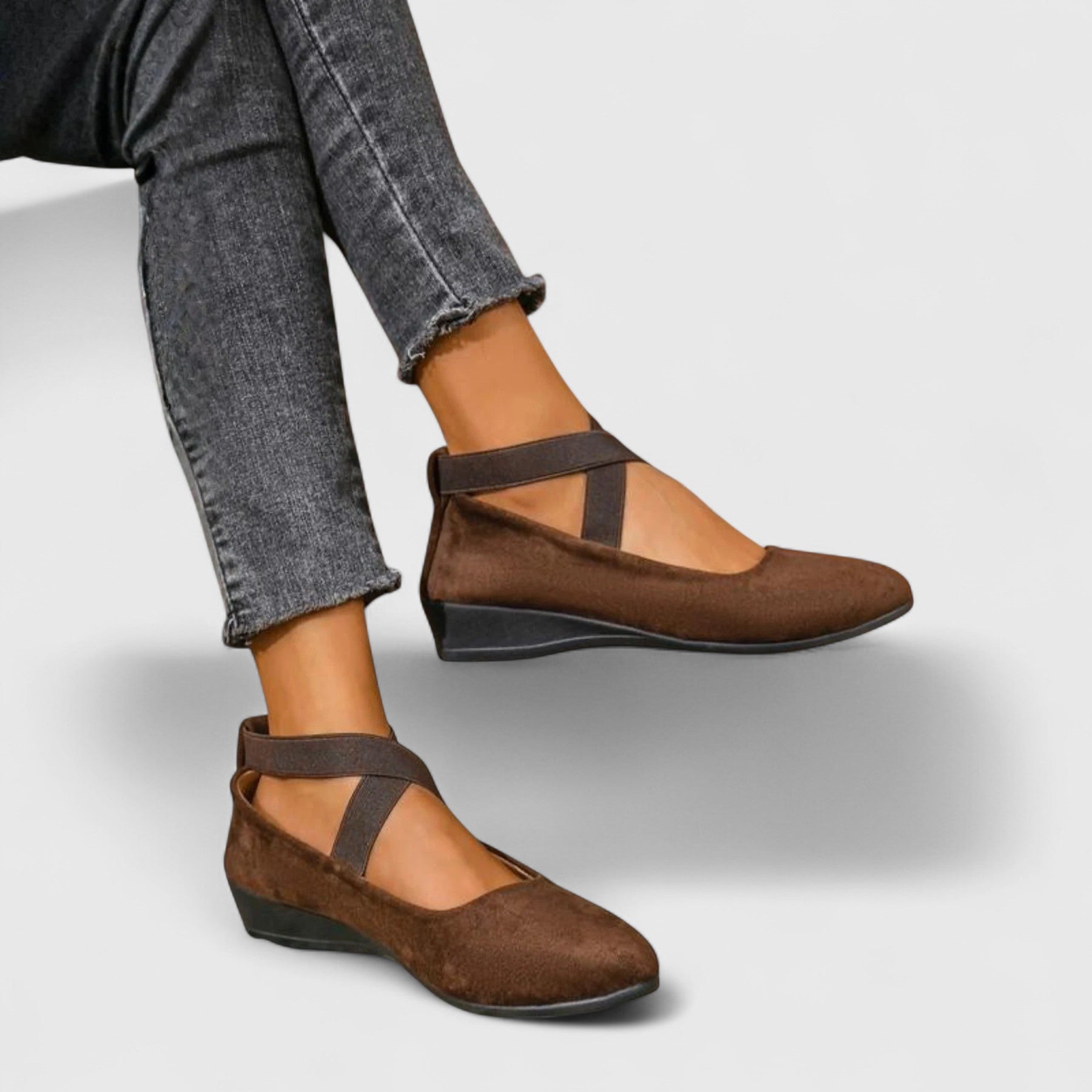 Eleanore Vantisse | Black Suede Cross-Strap Wedge Flats