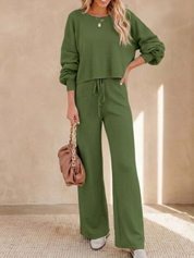 Elaine Vauclair | Cropped Sweatshirt & Wide-Leg Pants Lounge Set in Camel