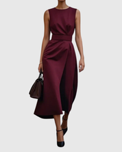 Aurelianne Fontcrest | Rust Brown Sleeveless Midi Dress with Waist Sash