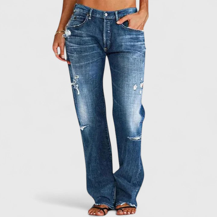 Auriane Leclercq | Low Rise Distressed Straight Leg Jeans in Light Blue