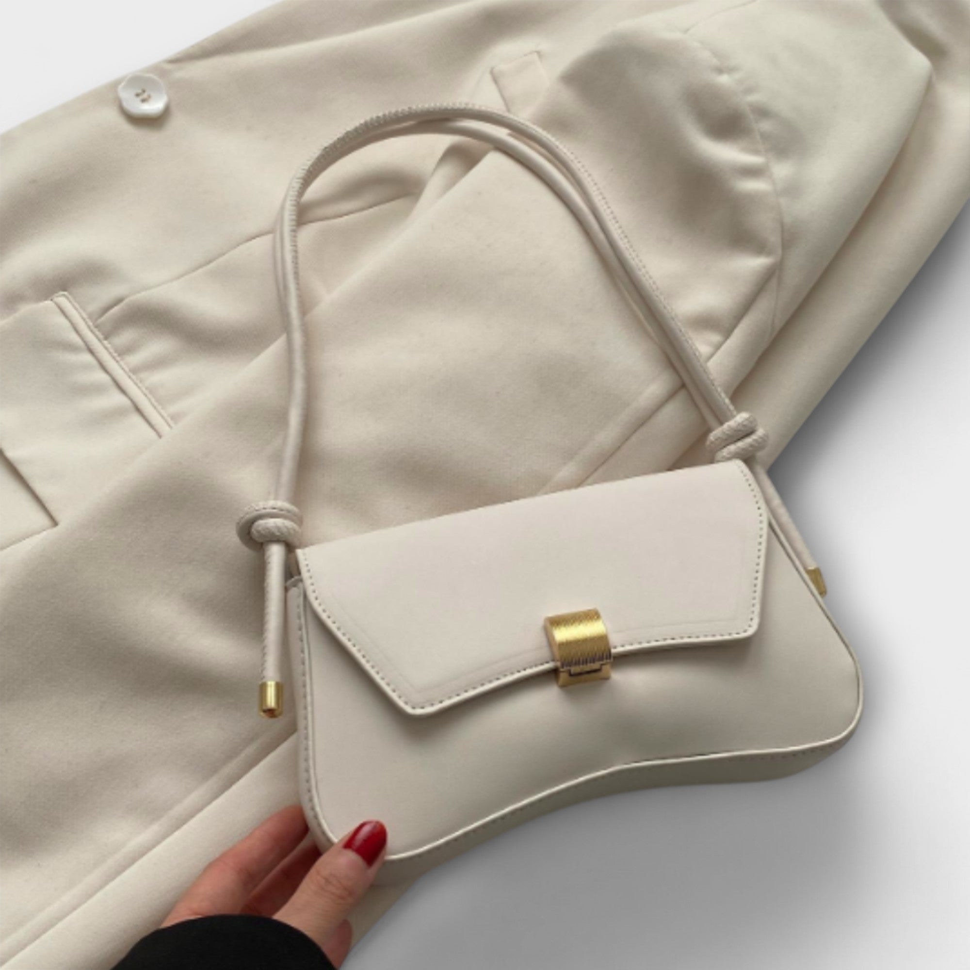Amélie Courbet | Beige Faux Leather Shoulder Bag with Gold Clasp