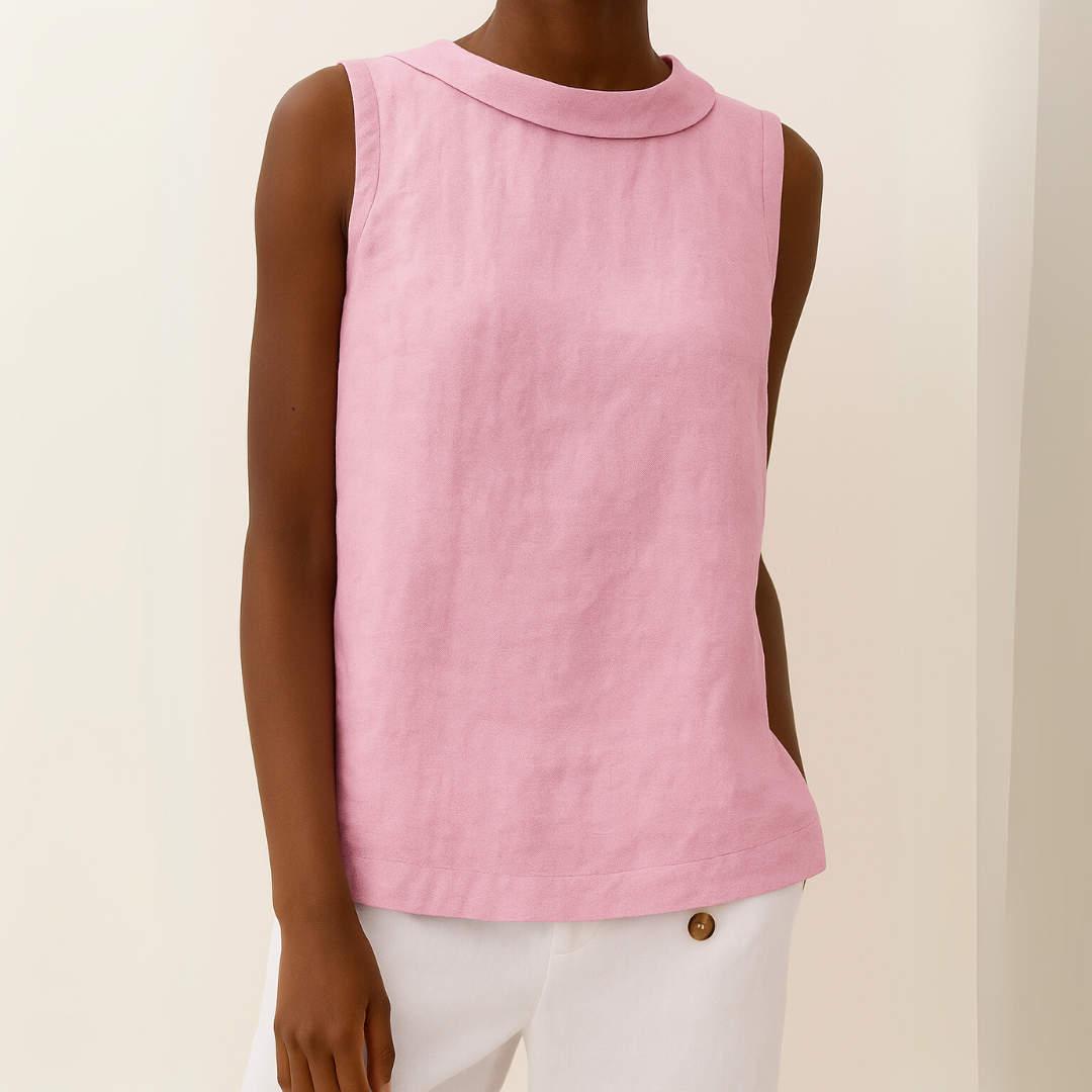 Celeste Dunmore | Sleeveless Roll Collar Top in Blue Grey Linen