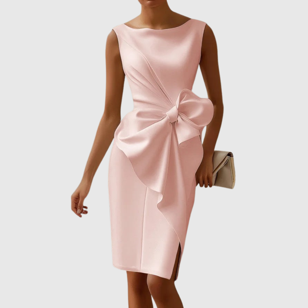 Céleste Wyndborne | Black Sleeveless Boat Neck Midi Dress with Bow