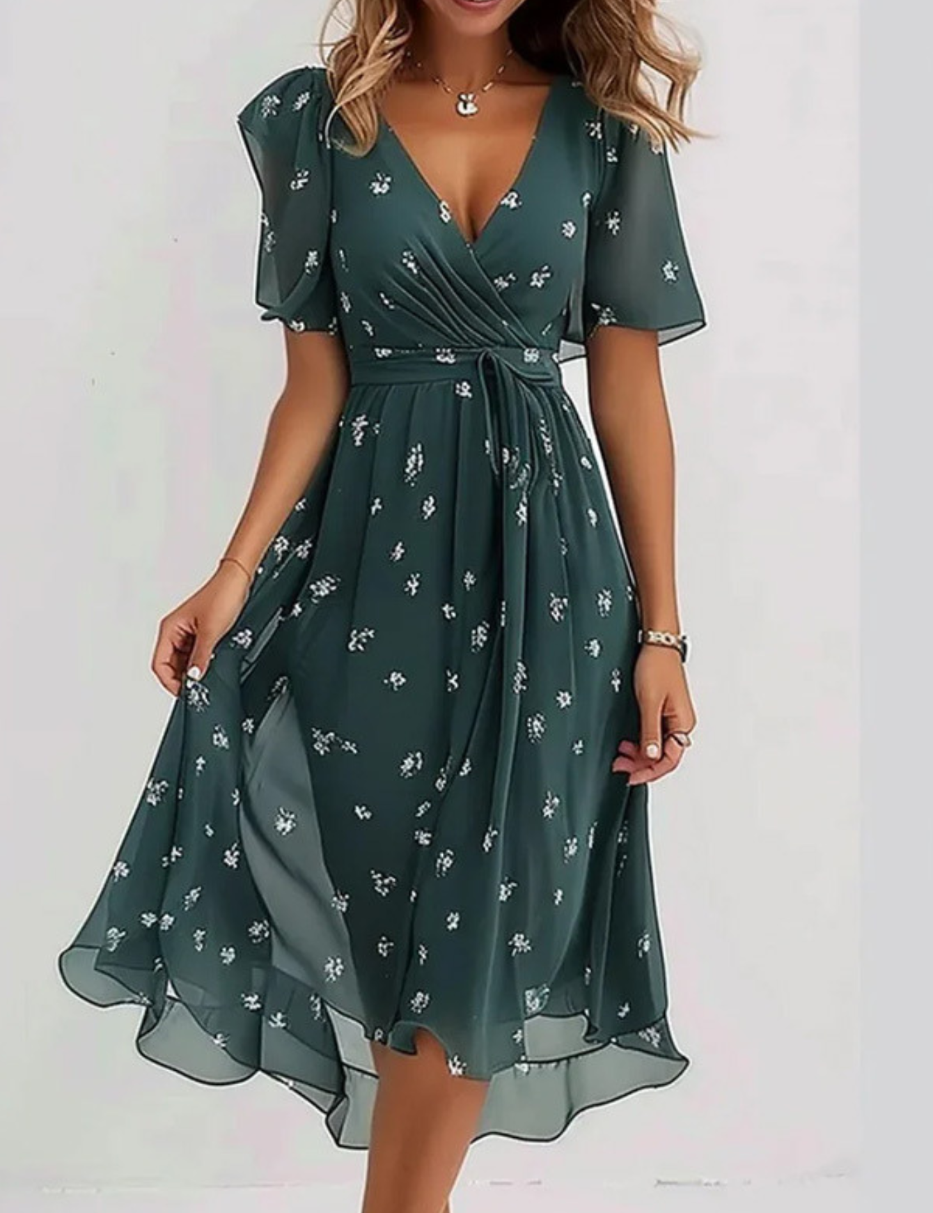 Clarisse Montveil | Floral Chiffon Midi Wrap Dress with Flutter Sleeves