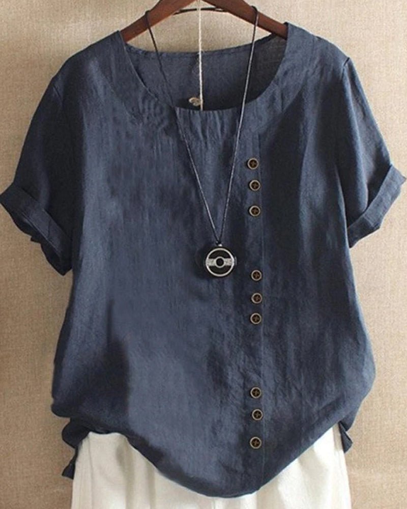 Céleste Dunvaux | Pink Linen Button Front Crew Neck Short Sleeve Top