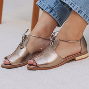 Dominique Favrelle | Pewter Metallic Open-Toe Flat Sandals with Bow Strap